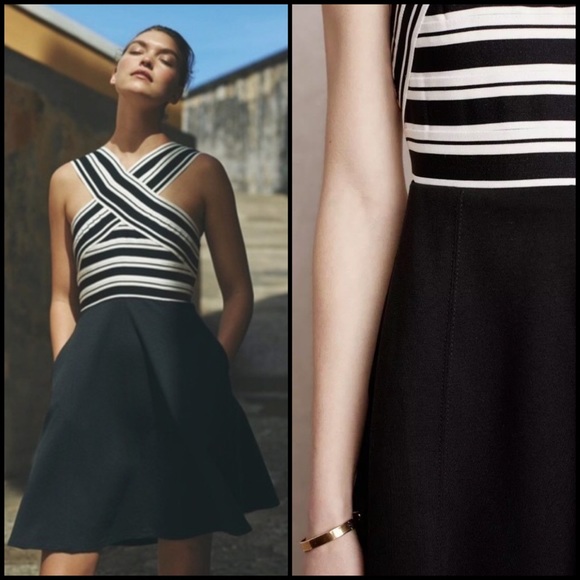 Anthro Maeve Bandage Stripe High Neck A-Line Flare Dress - Picture 2 of 7